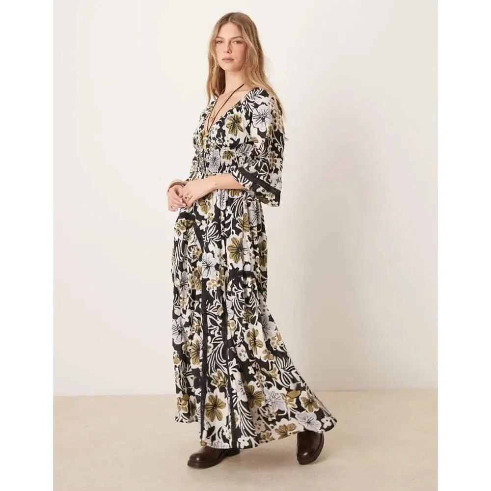 NWT Free People Dixie Floral Maxi Dress Black White Gold S 100% Cotton Boho Fall